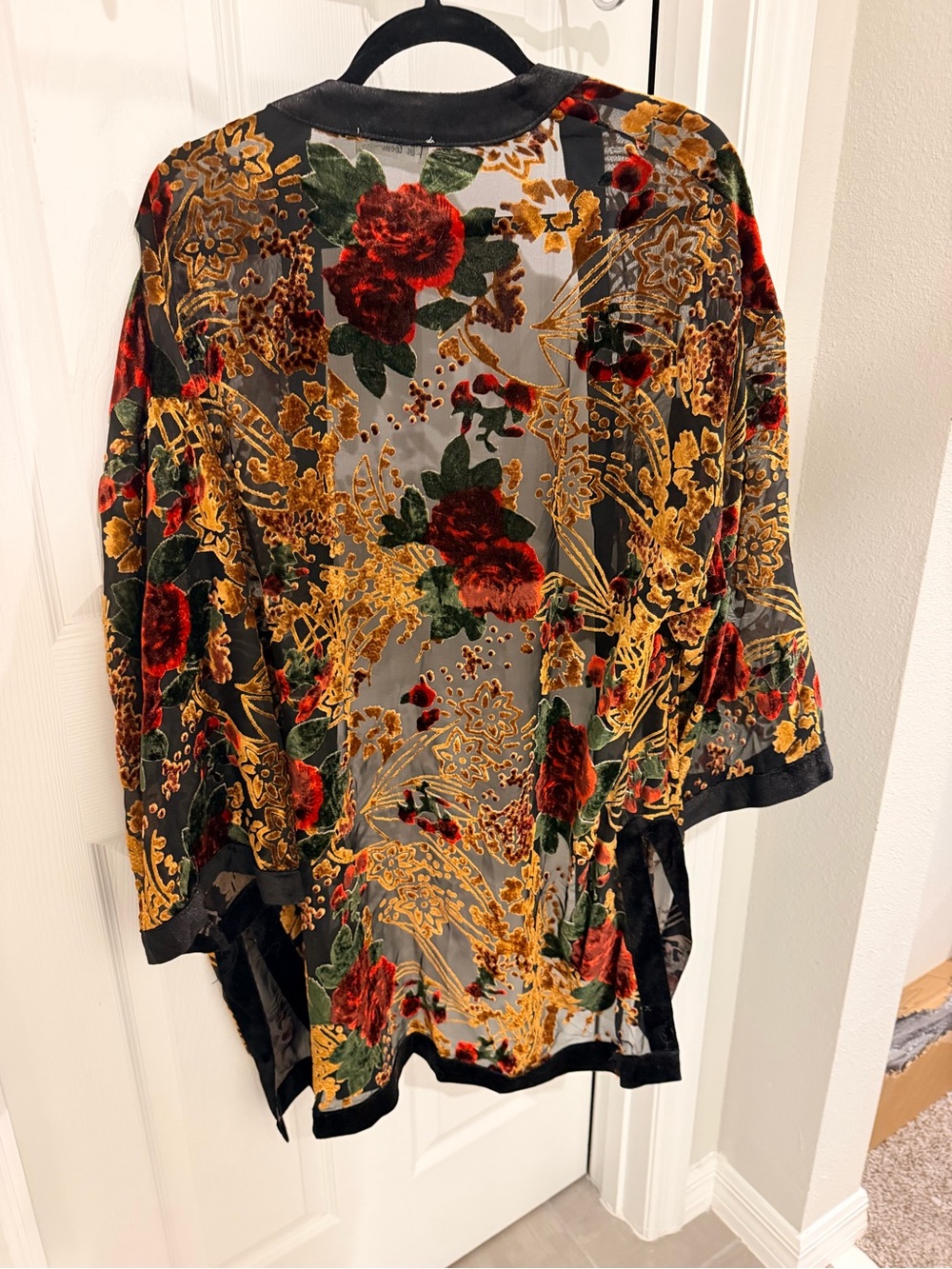 In Loom Kimono S/M Velvet Floral Duster Cape - Black, Rust, Green - Picture 3 of 5